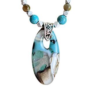 Oval pendant turquoise and tigers eye beads on aqua metallic leather cord.